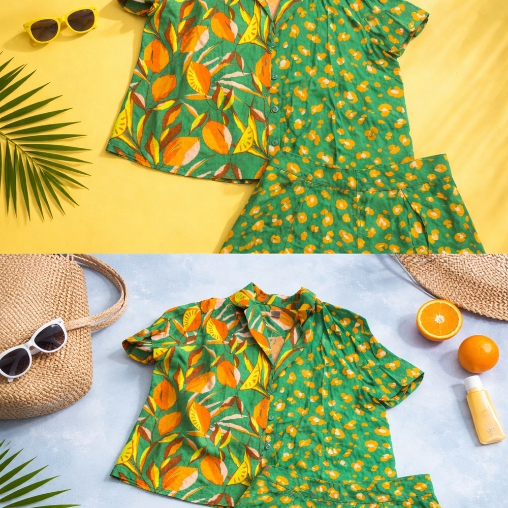 Tabitha Brown Vibrant Green and Orange Patterned Shirt and Shorts Set - Picture 3 of 8